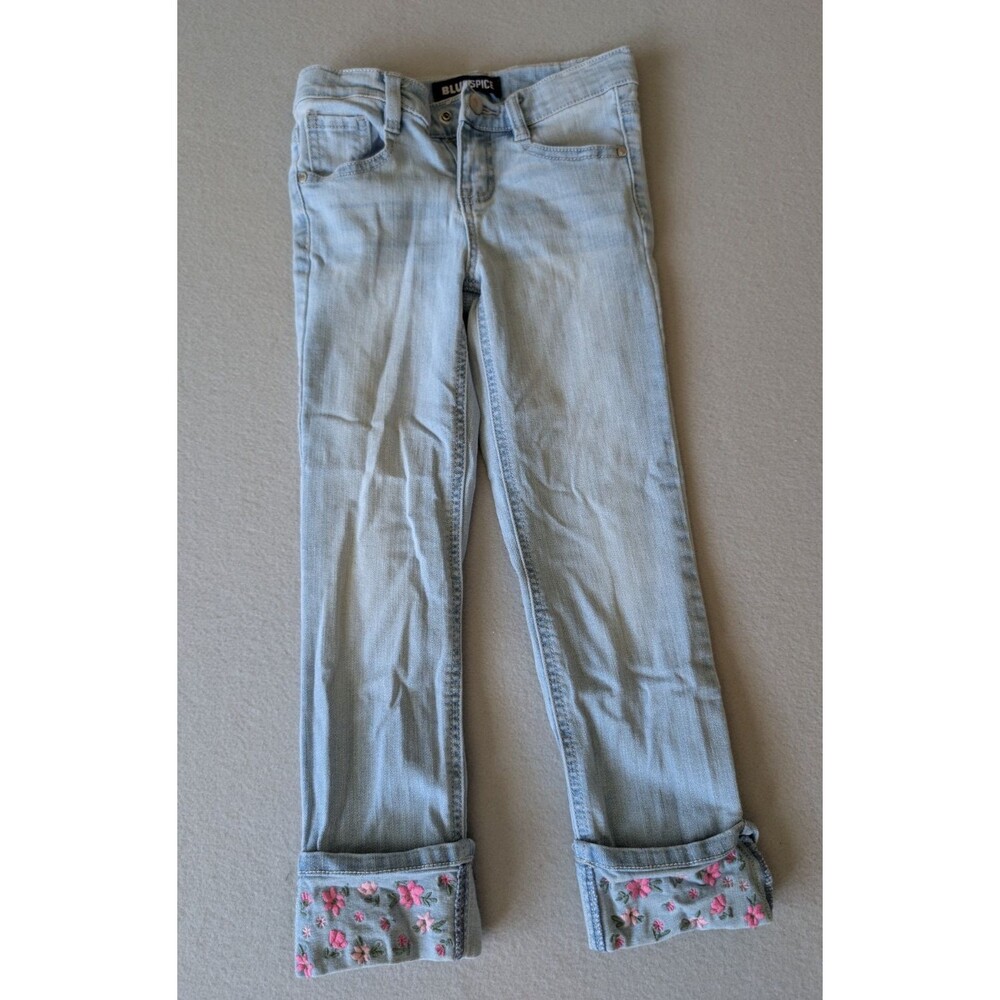 Blue Spice Girls Floral Embroidered Cuffed Jeans Sz 6 Light Wash Coquette Denim